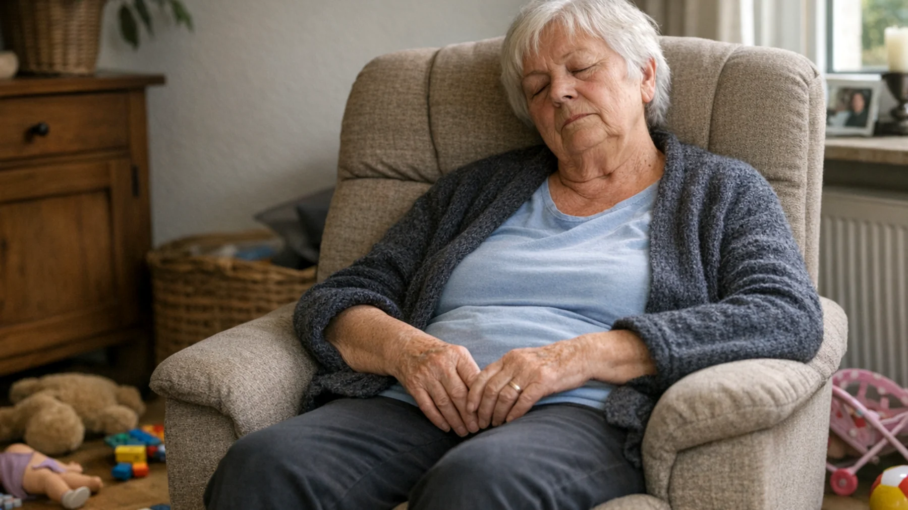 Die Oma fühlt sich körperlich erschöpft und zeitlich überfordert, da sie regelmäßig die Betreuung ihrer kleinen Enkelkinder übernimmt. Sie liebt ihre Enkel sehr, aber die tägliche Energie, die nötig ist, um mit kleinen Kindern Schritt zu halten – spielen, beaufsichtigen, beschäftigen – lässt sie am Ende des Tages völlig ausgelaugt zurück. Sie weiß nicht, wie sie ihre eigenen Grenzen kommunizieren soll, ohne das Gefühl zu haben, eine schlechte Großmutter zu sein oder ihre Familie im Stich zu lassen."